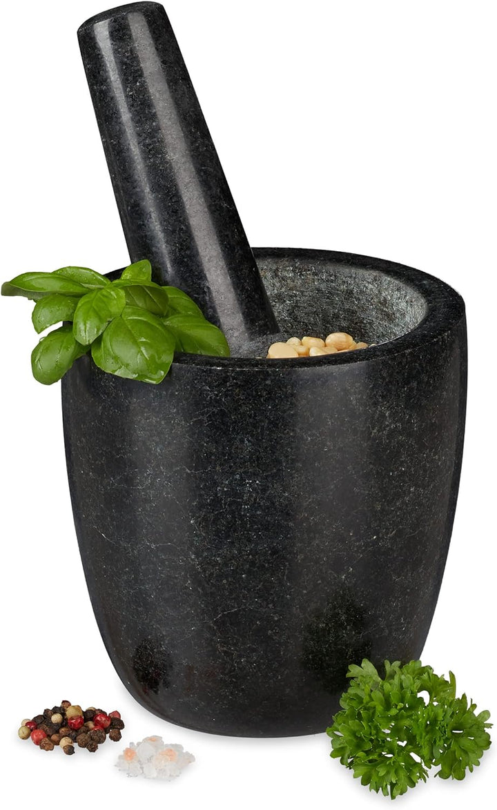 Relaxdays Granit Mörser mit Stössel, robust & langlebig, Gewürze, Kräuter, polierter Steinmörser, Ø