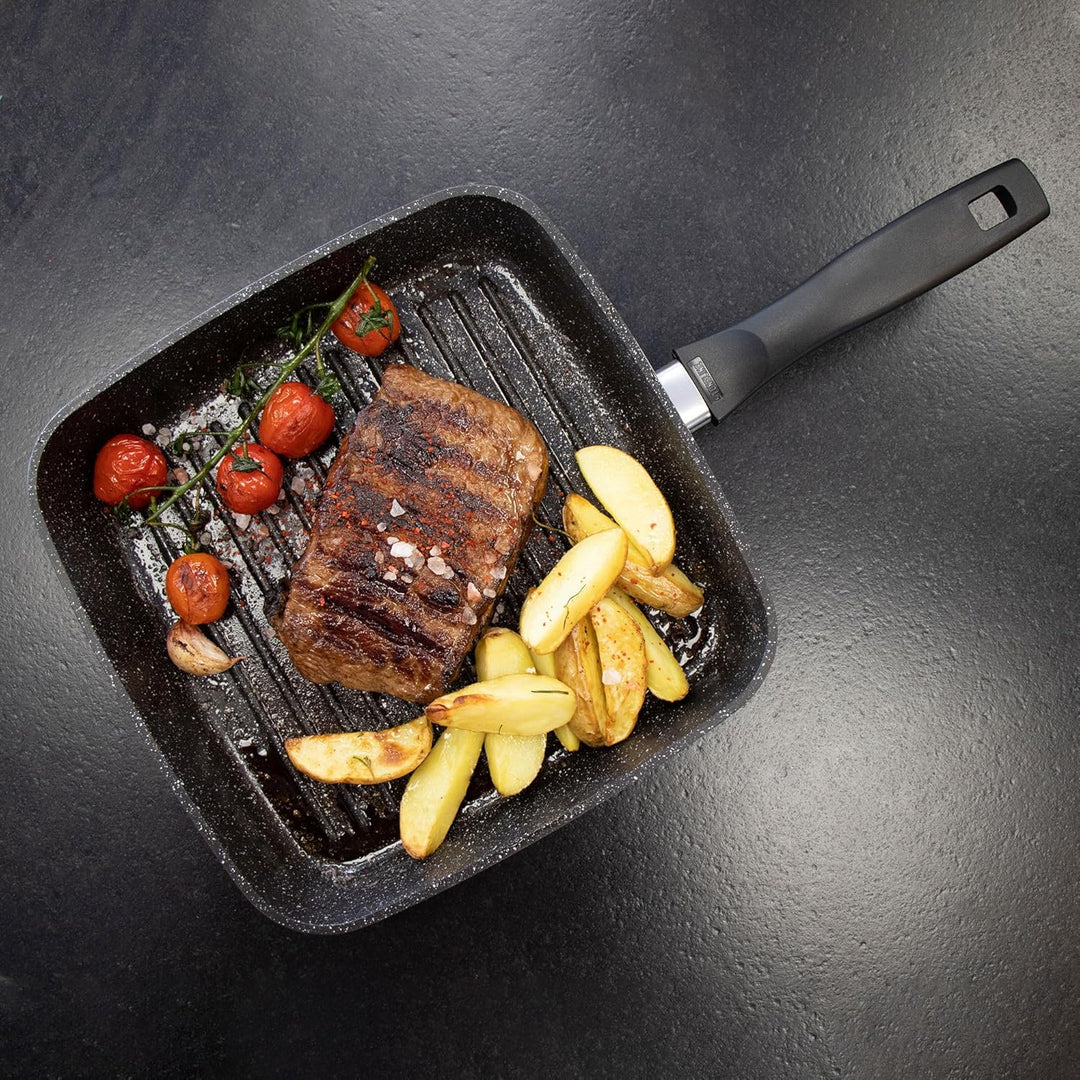STONELINE Grillpfanne, 26 x 26 cm, Aluguss, Grillpfanne beschichtet mit echten Steinpartikeln, grau,