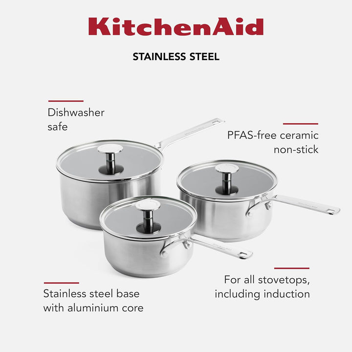 KitchenAid Stainless Steel Stielkasserollen-Set (16cm, 18cm & 20cm), PFAS-freie keramische Antihaftb