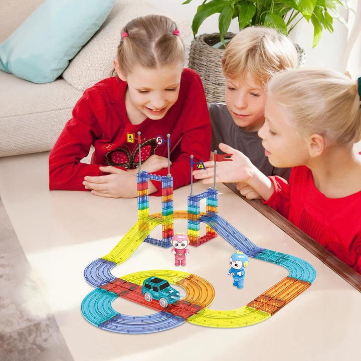 CELMAN Magnetische Bausteine Autorennbahn, 63 Stück Set 3D Magnet Bausteine Auto Rennbahn, Magnetbau