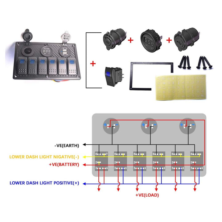 Thlevel wasserdichte 6 Gang Schalter Panel Rocker Schalttafel, 12V/24V Digitaler Spannungsmesser, Do