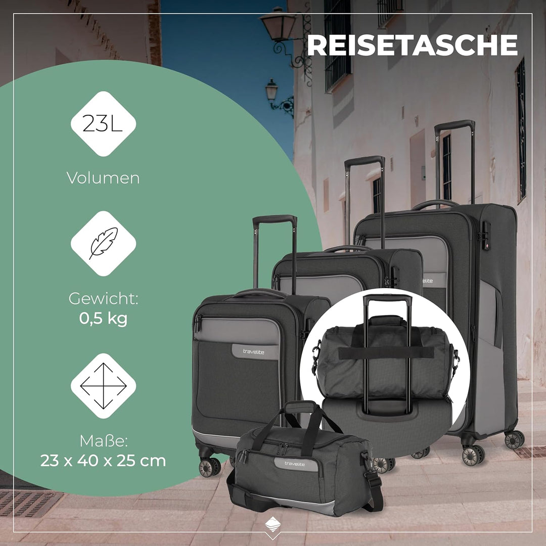 Travelite Kofferset 4 teilig Weichschale 4 Rollen, Grössen S-M-L + Reisetasche,nachhaltig, VIIA Reis