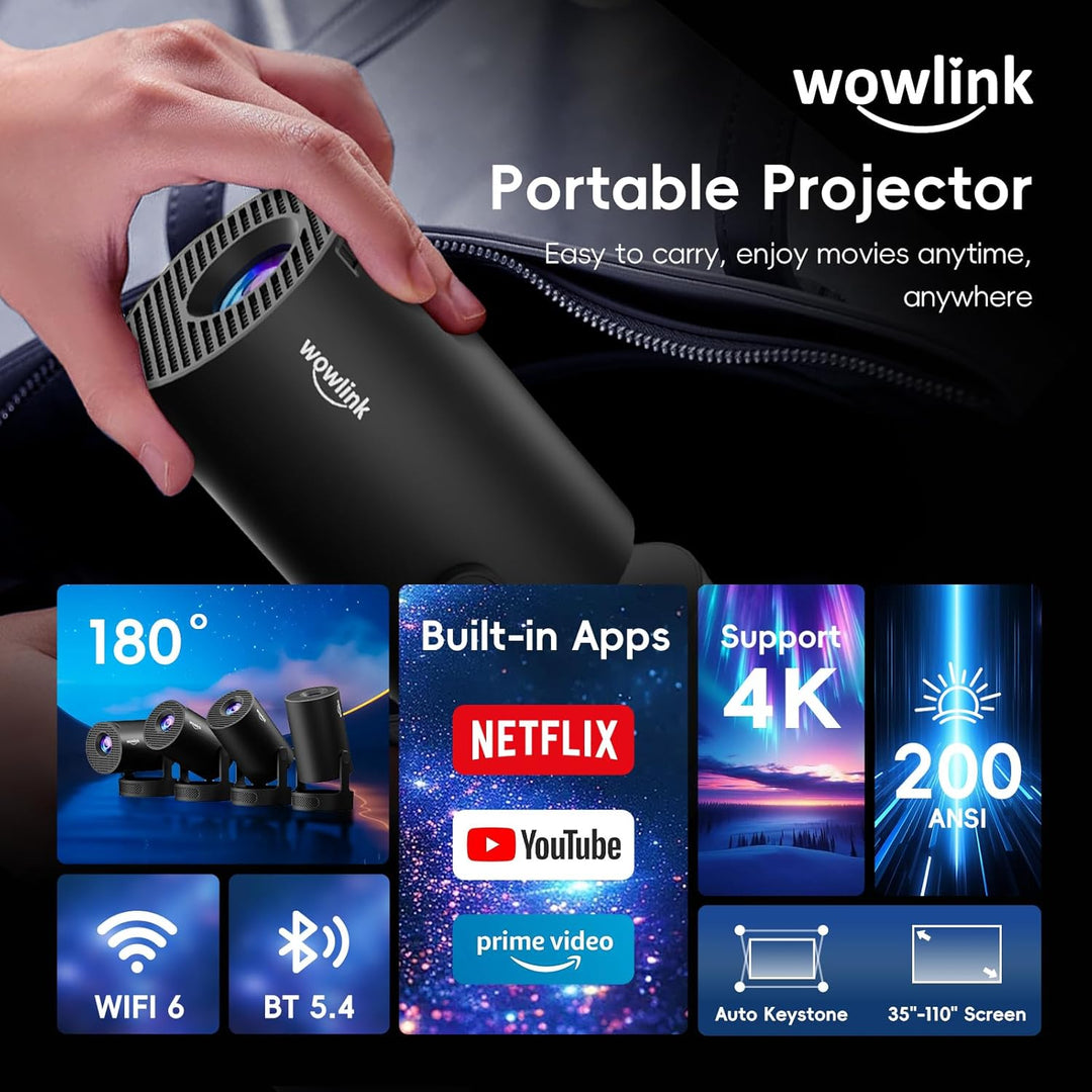 Mini Beamer Unterstützt 4K 1080P, Projektor Tragbarer mit WiFi 6 und Bluetooth 5.4, Beamer Klein Pro