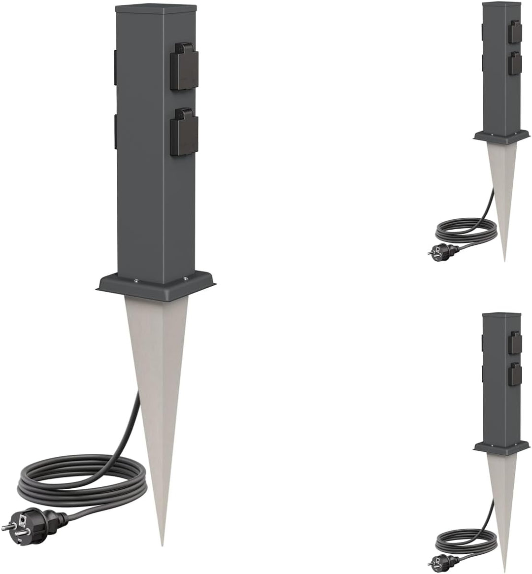 ledscom.de 3 Stück Garten-Steckdosen-Säule Polly mit Erdspiess und 2m Kabel für aussen, IP44, 4-Fach