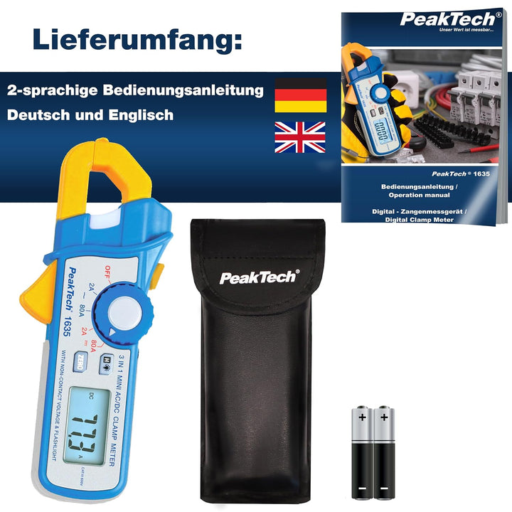PeakTech P 1635 Stromzange, Kriechstromzange und Leckstromzange, mit 1 mA Auflösung und NCV, 1 Stück