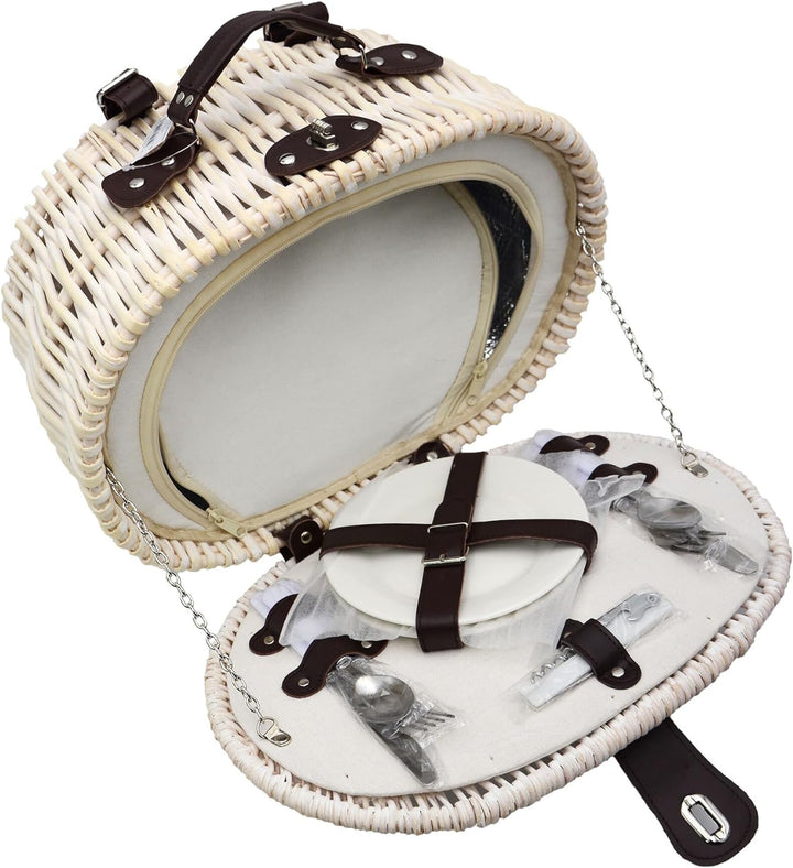 UNUS Fahrradkorb/Picknickkorb oval weiss Kühlfunktion mit passenden Besteck Porzellan 2 Personen