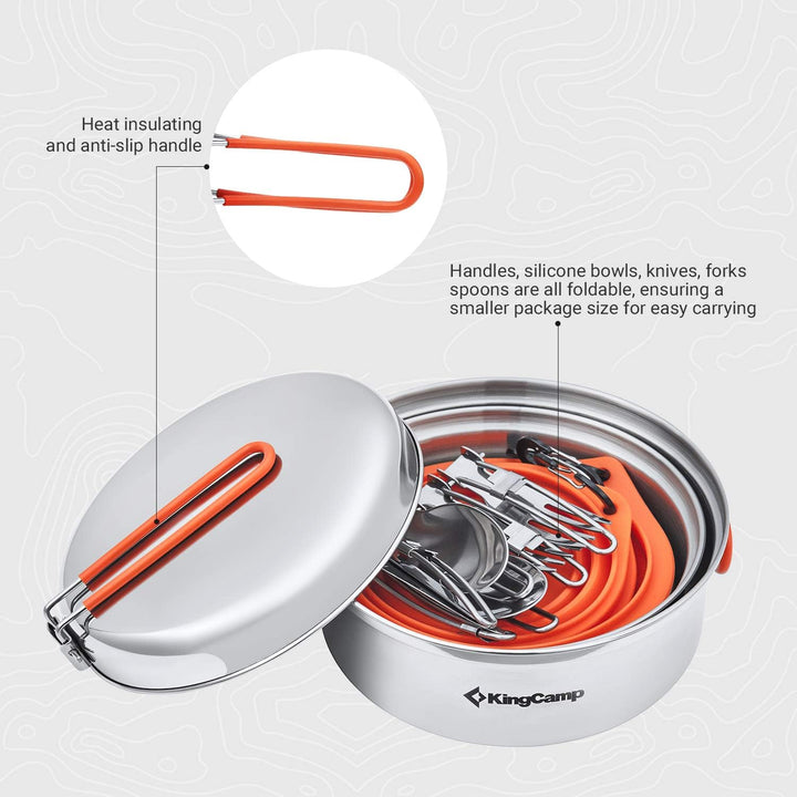 KingCamp Camping Geschirr Set 2-4 Personen I Camping Kochgeschirr aus Edelstahl I Camping Töpfe mit
