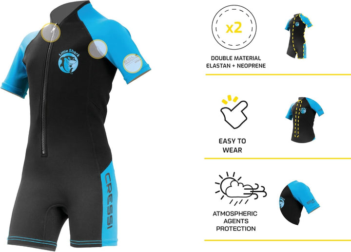 Cressi Little Shark Jr Shorty 2mm Neoprenanzug für Kinder Schwarz/Blau 9/10 Jahre Kurzarm, Schwarz/B