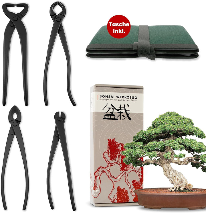 Bonsai Werkzeug-Set Profi 4-teilig aus Stahl mit praktischer Aufbewahrungstasche - Traditionelles Bo