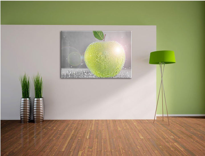 Grüner saftiger Apfel mit Wasserperlen schwarz/weiss Format: 100x70 auf Leinwand, XXL riesige Bilder