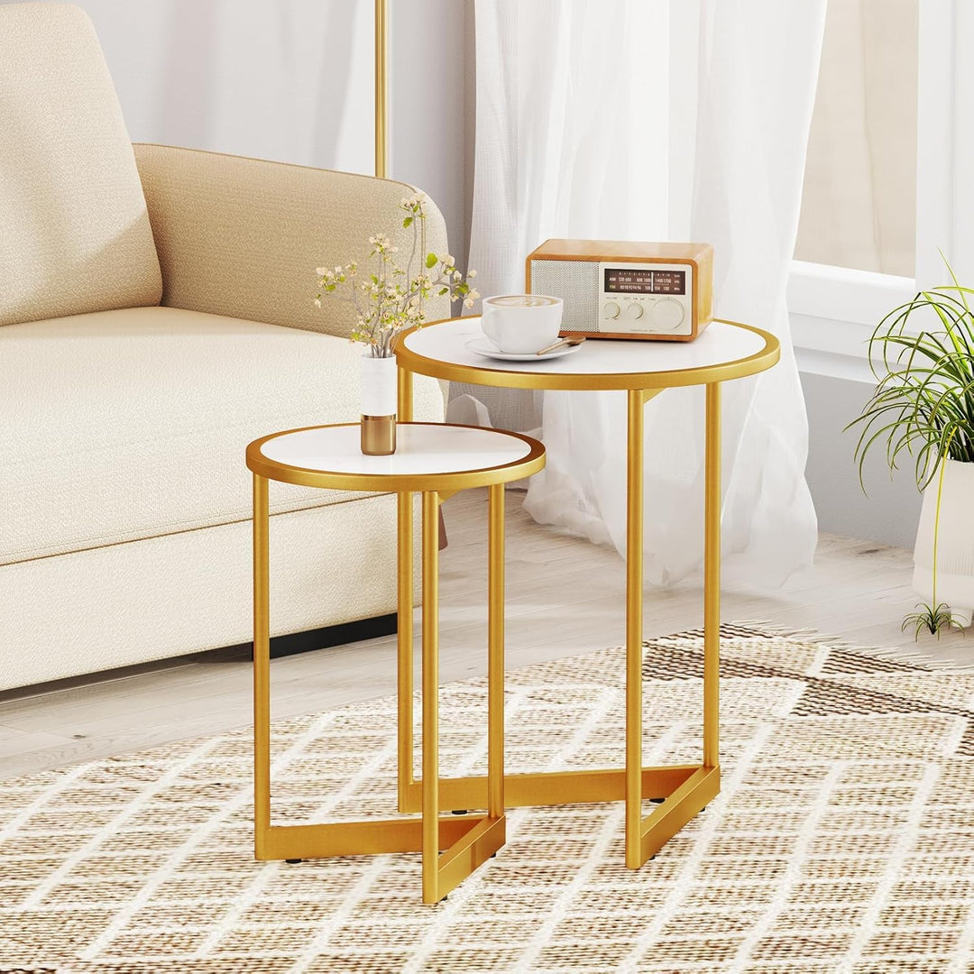 COSTWAY 2er Set Couchtisch mit Marmoroptik, Beistelltisch Holz mit goldfarbenem Metallbeinen, Kaffee