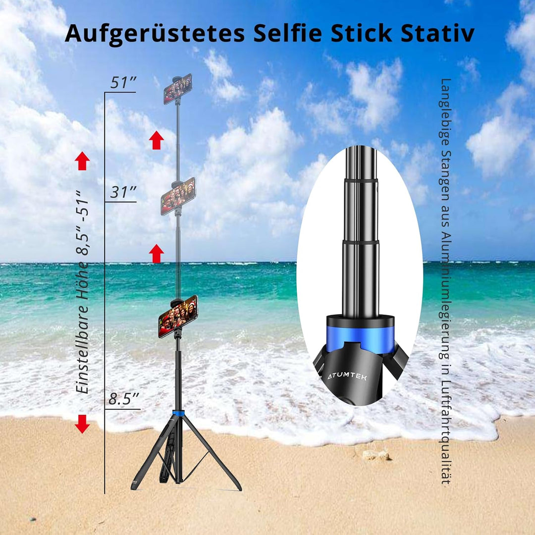 ATUMTEK 130CM Selfiestick, Bluetooth Selfie-Stick mit Hochbelastbarem Aluminium und Rutschfesten Dre