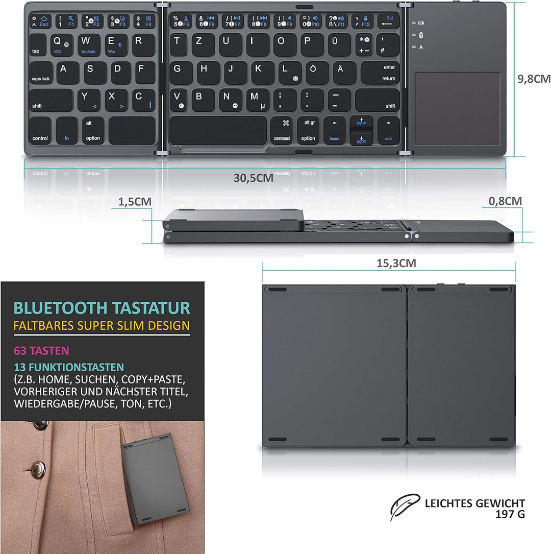 CSL - Bluetooth Tastatur klappbar mit Touchpad für PC Smartphone oder Tablet - faltbares Keyboard im