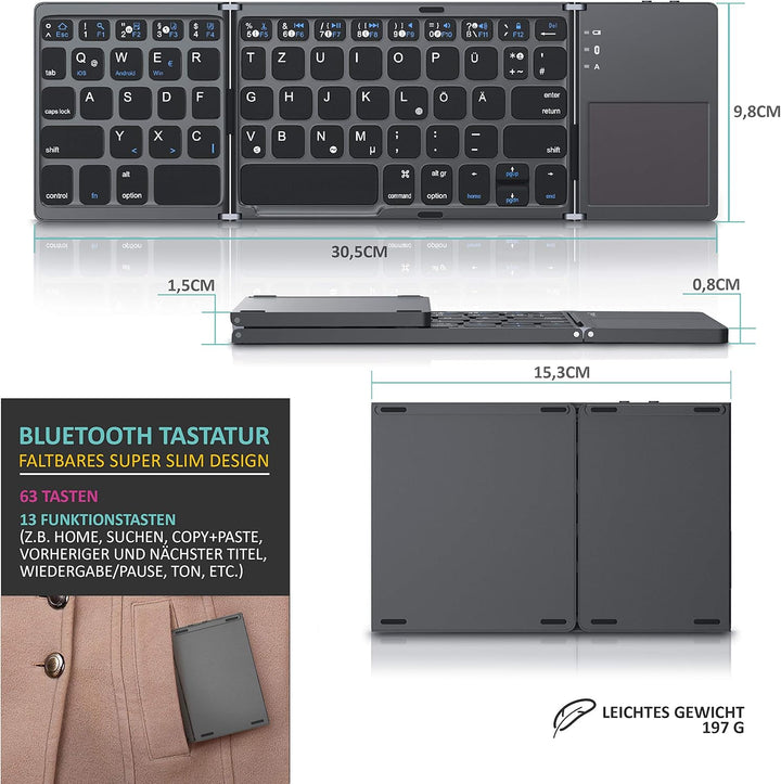 CSL - Bluetooth Tastatur klappbar mit Touchpad für PC Smartphone oder Tablet - faltbares Keyboard im