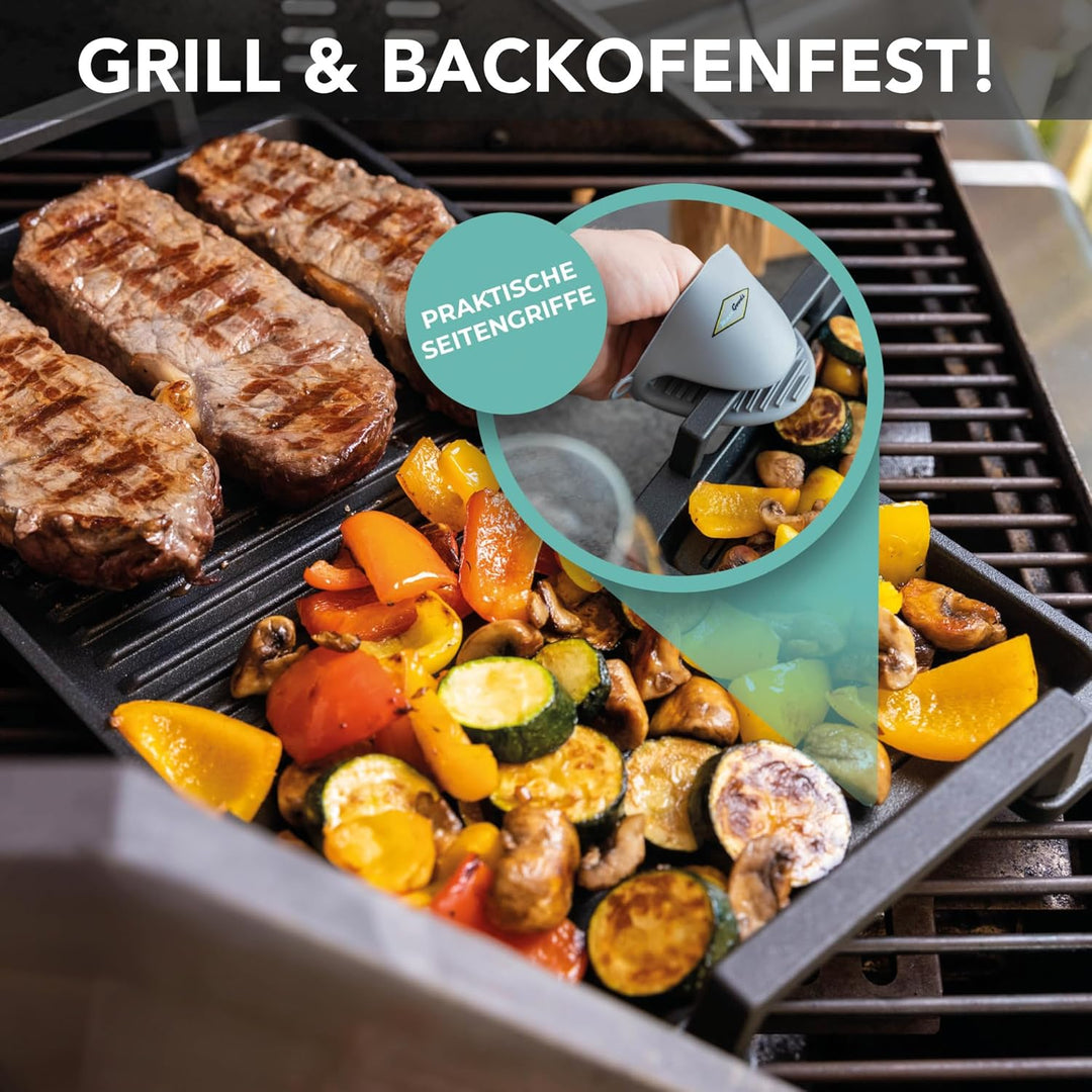 MaxxGoods - Aluminiumguss Grillplatte komplett gerippt - 37,5x22,8x2,5cm - für Induktion & alle gäng