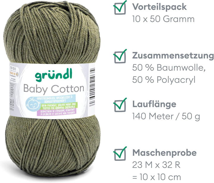 Gründl Baby Cotton Wolle zum Stricken und Häkeln, Babywolle aus 50% Baumwolle, 50% Polyacryl, strapa