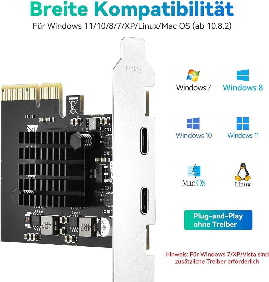 ELUTENG USB C PCIe Karte 2 Ports 2 x 10Gpbs, PCI Express PCIe X4 USB C 3.2 Gen2 Erweiterungskarte 20
