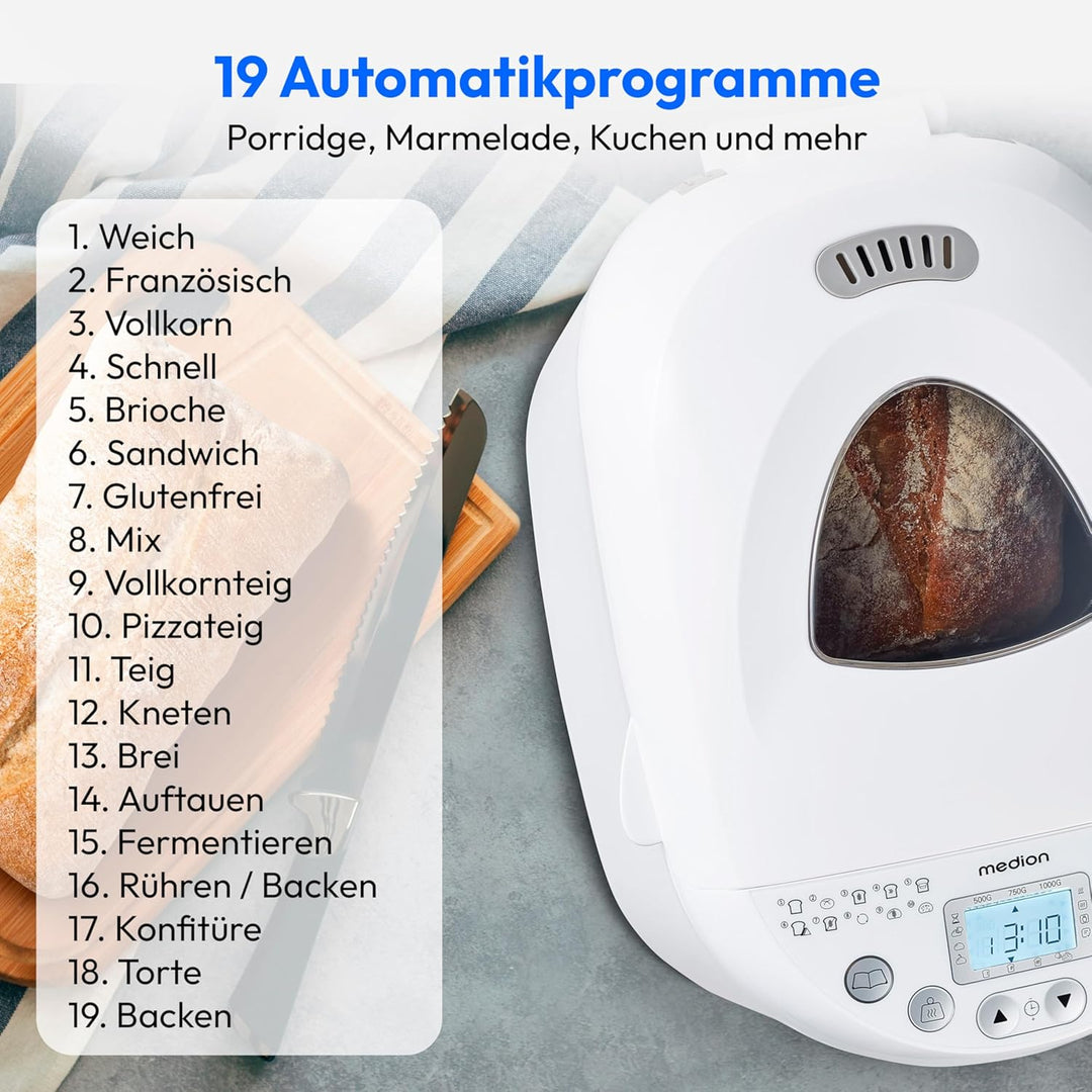 MEDION Brotbackautomat (Brotbackmaschine, 550 Watt, bis zu 1000g, 19 Backprogramme, 3 Bräunungsgrade