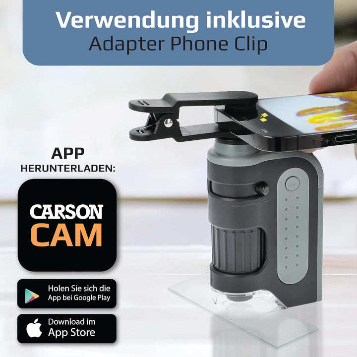 Carson MicroBrite Pro 60x-120x LED Taschenmikroskop mit asphärischem Linsensystem und Smartphone-Ada