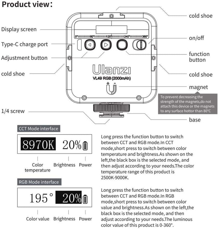 Ulanzi VL49 RGB Mini Multi Color LED Videolampe für Smartphone und Kamera Fülleuchte mit einstellbar