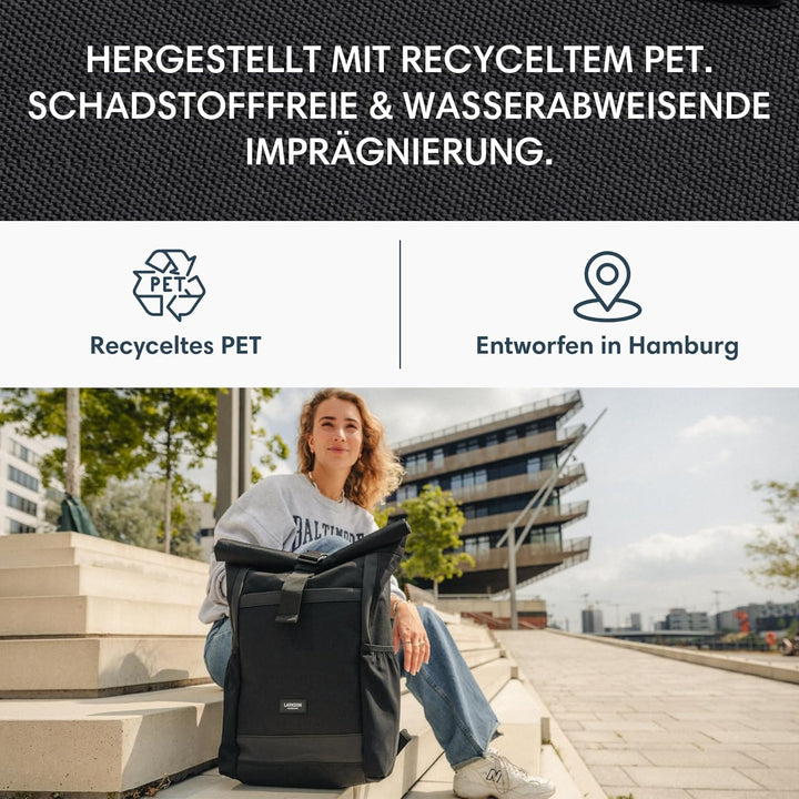 LARKSON Rolltop Rucksack Herren & Damen Gross Anthrazit - No 2 - Daypack für Schule, Uni, Fahrrad -