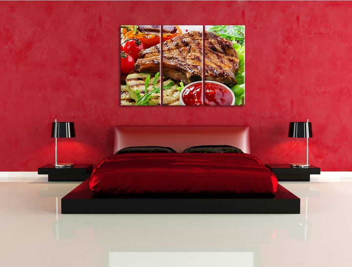 Gegrilltes Steak als 3-Teiler Leinwandbild 120x80 Bild auf Leinwand, XXL riesige Bilder fertig gerah