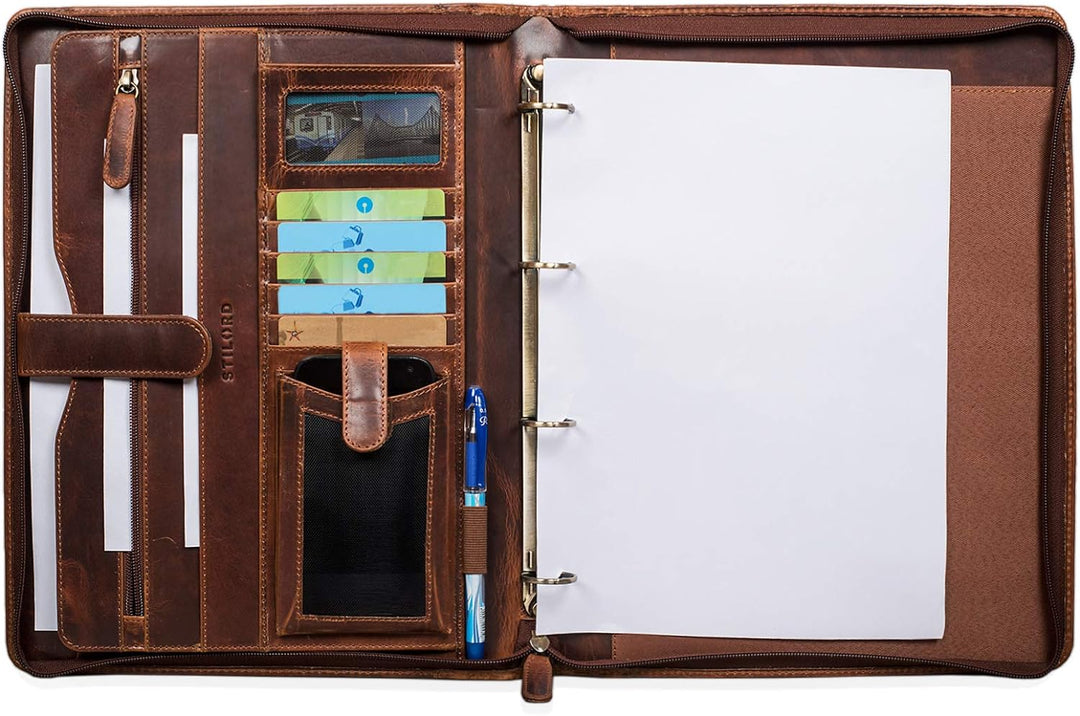 STILORD 'Vincent' Konferenzmappe Leder A4 braun Dokumentenmappe mit Ringmechanik 13,3 Zoll Schreibma