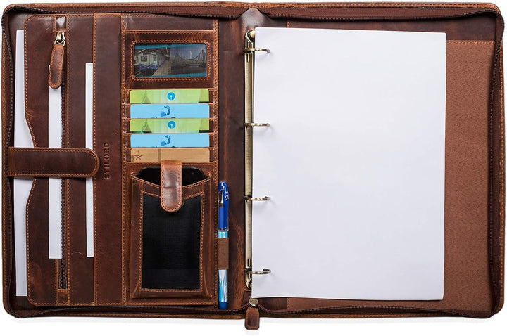 STILORD 'Vincent' Konferenzmappe Leder A4 braun Dokumentenmappe mit Ringmechanik 13,3 Zoll Schreibma