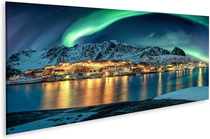 islandburner Bild auf Leinwand Aurora Borealis Über Fischerdorf Beleuchtung Küstenlinie Winter Lofot