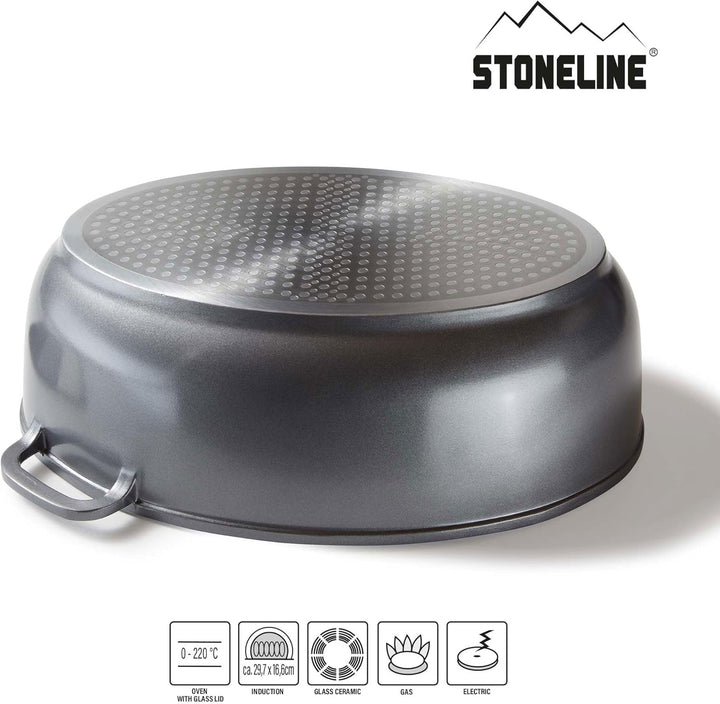 Stoneline Gourmet Bräter, oval, 38,8 x 26,3 cm, 8 L, mit Aroma-Glasdeckel zur dosierten Zugabe von F