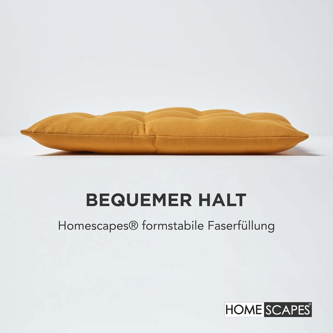 Homescapes 6er Set Stuhlkissen 40 x 40 cm, senfgelb, Sitzkissen mit Bändern und Knopfverschluss, ein