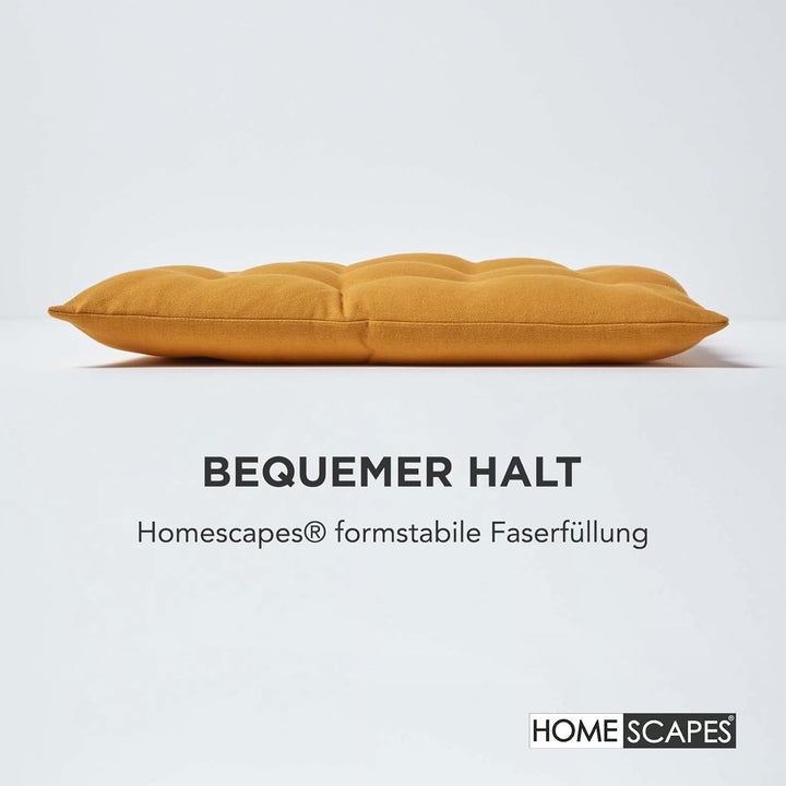 Homescapes 6er Set Stuhlkissen 40 x 40 cm, senfgelb, Sitzkissen mit Bändern und Knopfverschluss, ein