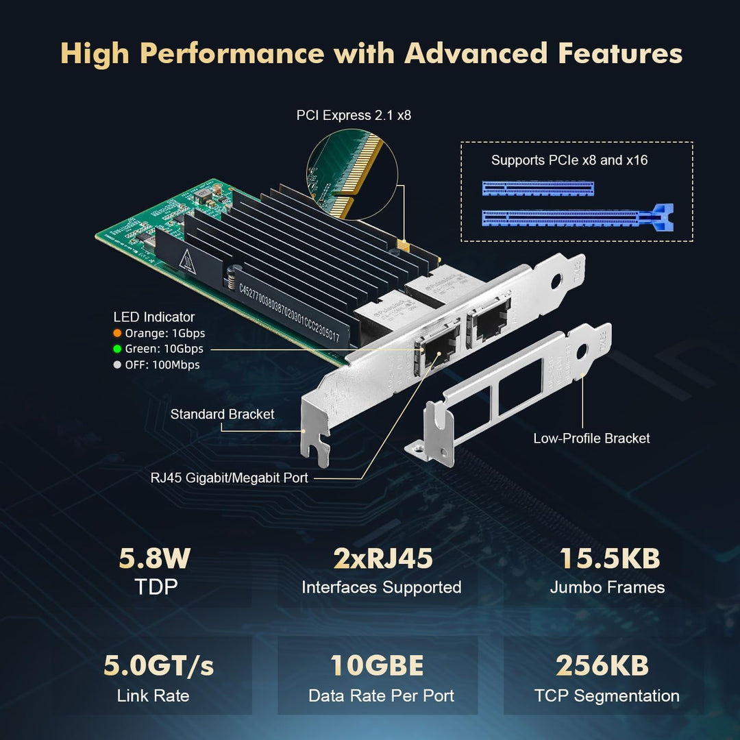 Binardat 2 Port 10G Ethernet PCIe Netzwerk Adapter, Intel X540 Chip LAN Controller, 10G/1G/100Mbps E