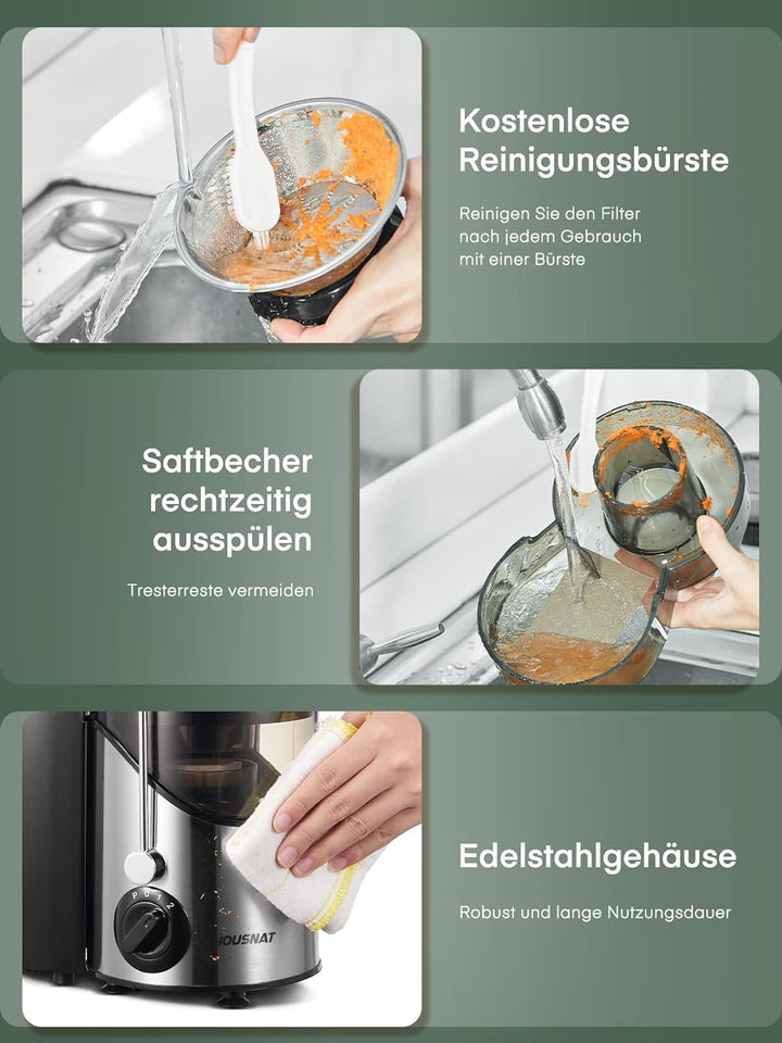 HOUSNAT Entsafter Gemüset und Obst, Juicer mit Grossem Mund, Grossem 65-mm-Zufuhrschacht und 3 Gesch