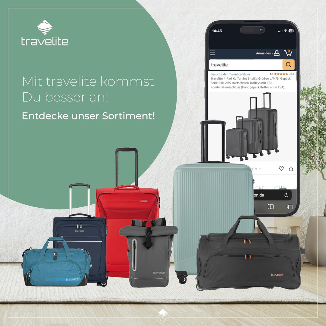 Travelite Kofferset 4 teilig Weichschale 4 Rollen, Grössen S-M-L + Reisetasche,nachhaltig, VIIA Reis