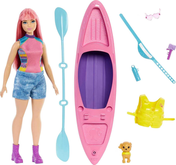 Barbie Camping Serie, Barbie-Puppe mit rosa Haaren, Kajak, Welpe, Schwimmweste, Barbie Accessoires,