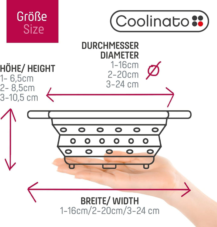 Coolinato Sieb aus Silikon 3er Set, faltbar spülmaschinenfest, Nudelsieb Abtropfsieb Dampfgar Einsat