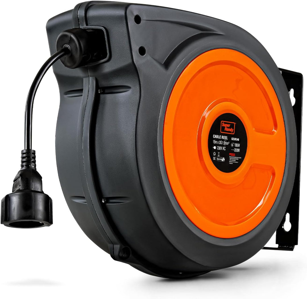 SuperHandy Kabeltrommel 1,5mm² × 15m Industrie Polypropylen Kabeltrommel für aussen sehr robust 230V