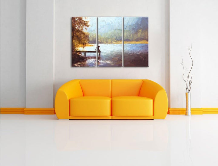 Pixxprint Yoga am See Kunst als Leinwandbild/Grösse: 3 Teilig (120x80) / Wandbild/Kunstdruck/fertig