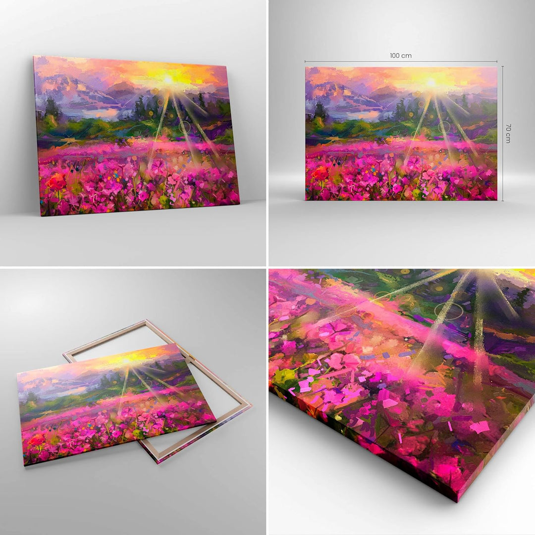 Bilder auf Leinwand 100x70cm Leinwandbild mit Rahmen Berge Blumen Blumen Gross Wanddeko Bild Schlafz