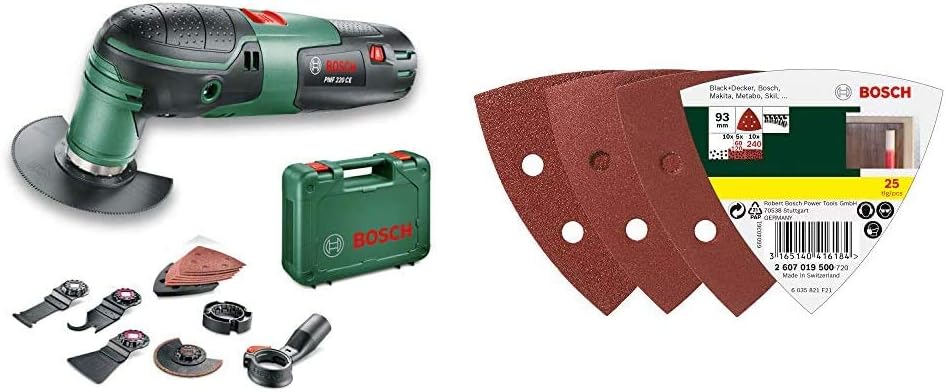 Bosch Multifunktionswerkzeug PMF 220 CE Set (220 Watt, im Koffer) & 25tlg. Schleifblatt-Set verschie