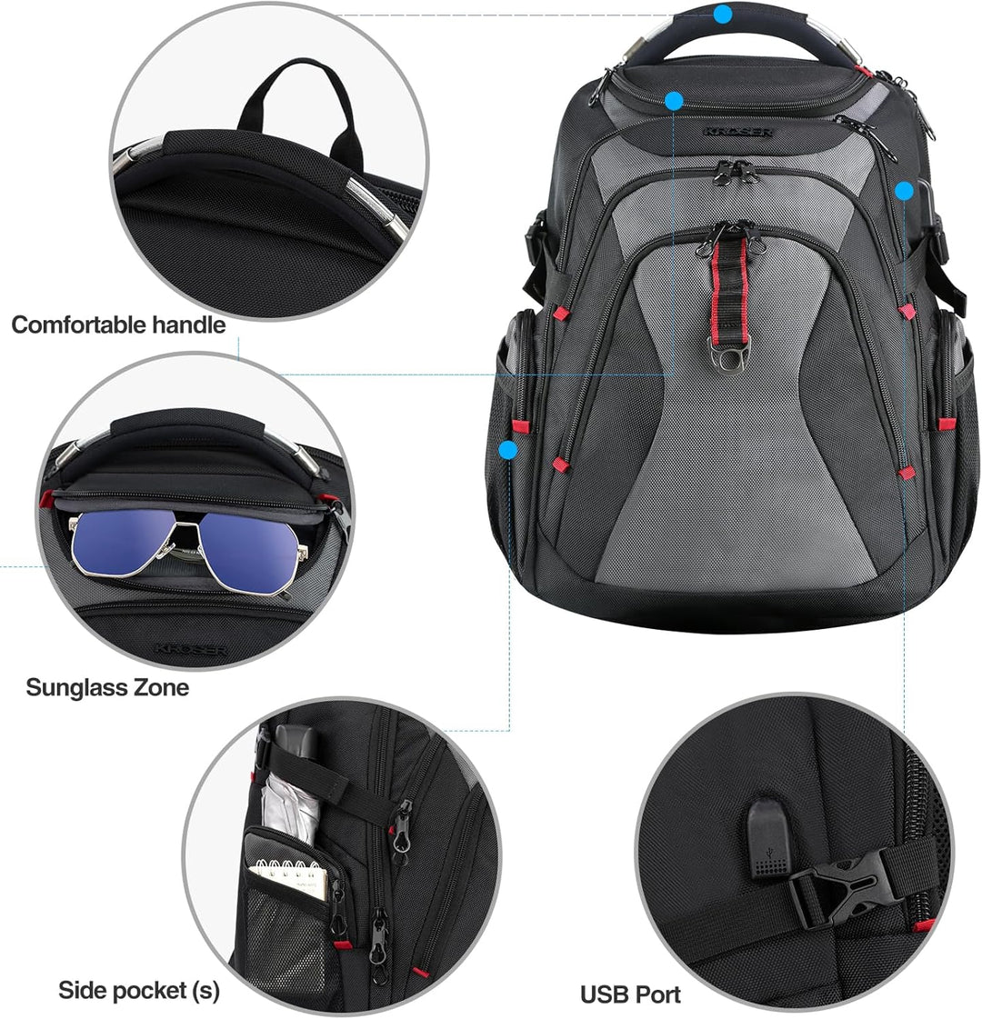 KROSER Laptop Rucksack 17,3 Zoll Reise XL Business Daypack Schwerlast Wasserdicht mit Hartgeschältem