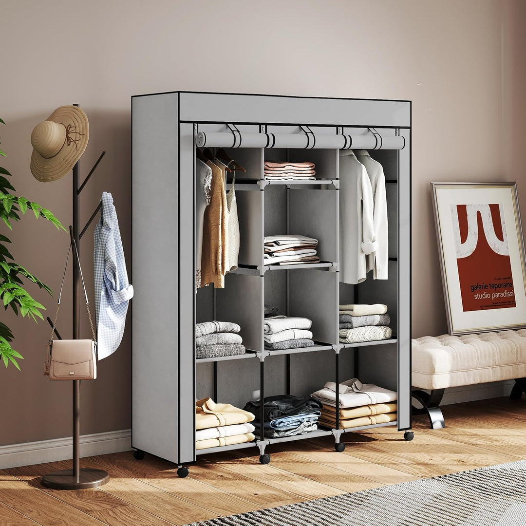 HOMCOM Stoffschrank, Kleiderschrank mit Rolle, Kleiderstangen, 8 Ebenen, Faltschrank, Faltbare Garde