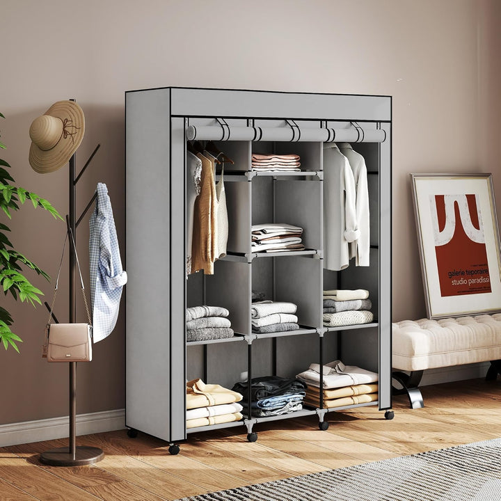 HOMCOM Stoffschrank, Kleiderschrank mit Rolle, Kleiderstangen, 8 Ebenen, Faltschrank, Faltbare Garde