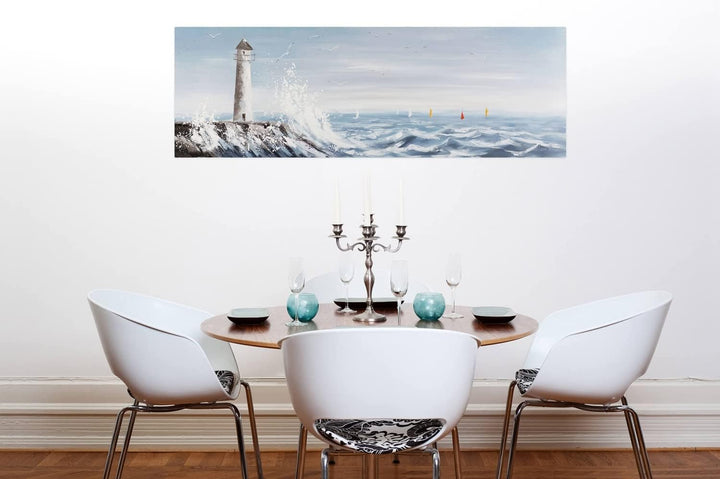 KunstLoft Leinwandbild | 100% HANDGEMALT | 150x50cm | Gemälde 'Leuchtturm in Sicht' | Leuchtturm | B