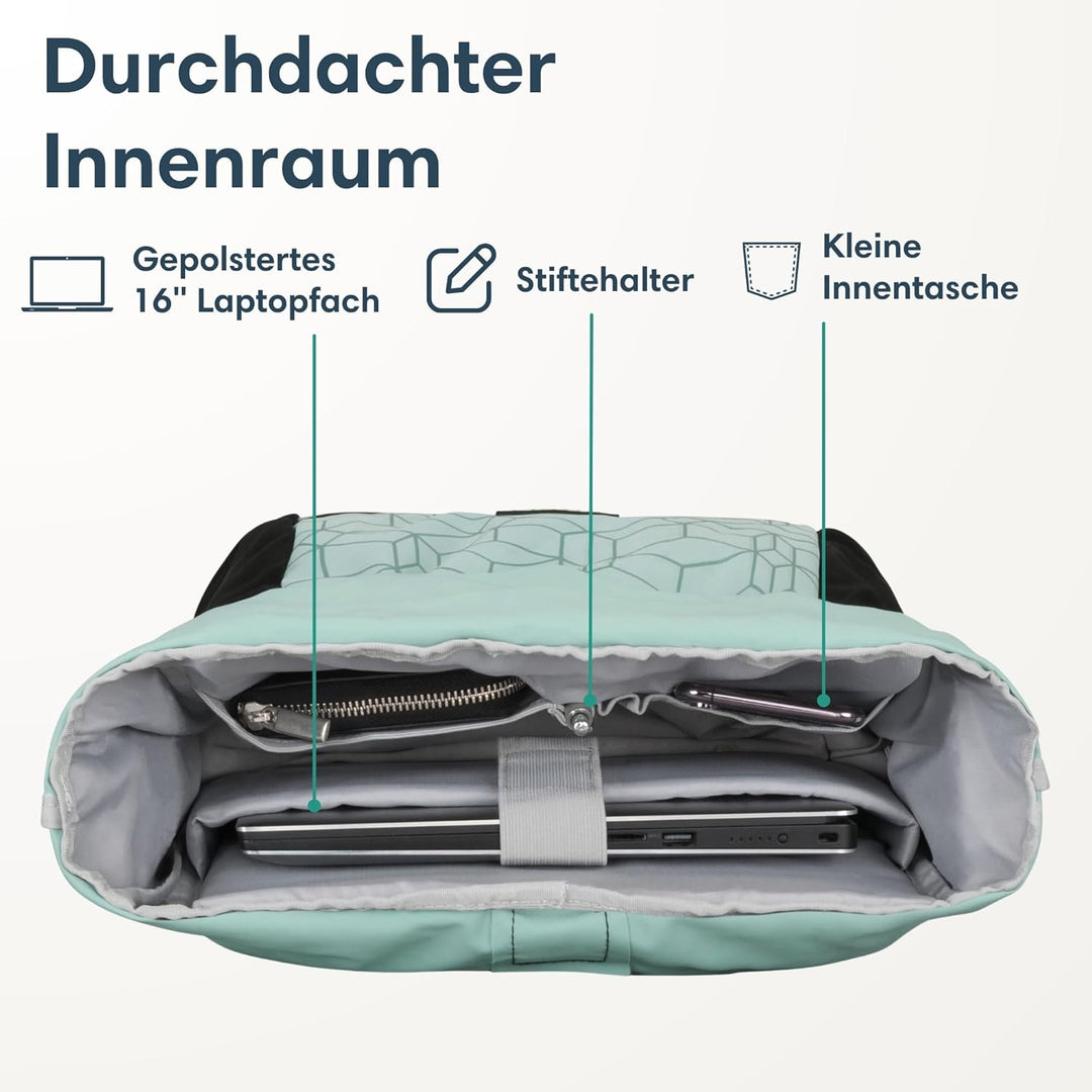 LARK STREET Rolltop Rucksack Damen Gross Mint - No 2 - Daypack für Schule, Uni, Fahrrad - 15,6 Lapto