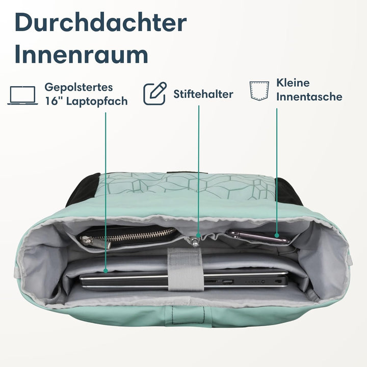 LARK STREET Rolltop Rucksack Damen Gross Mint - No 2 - Daypack für Schule, Uni, Fahrrad - 15,6 Lapto