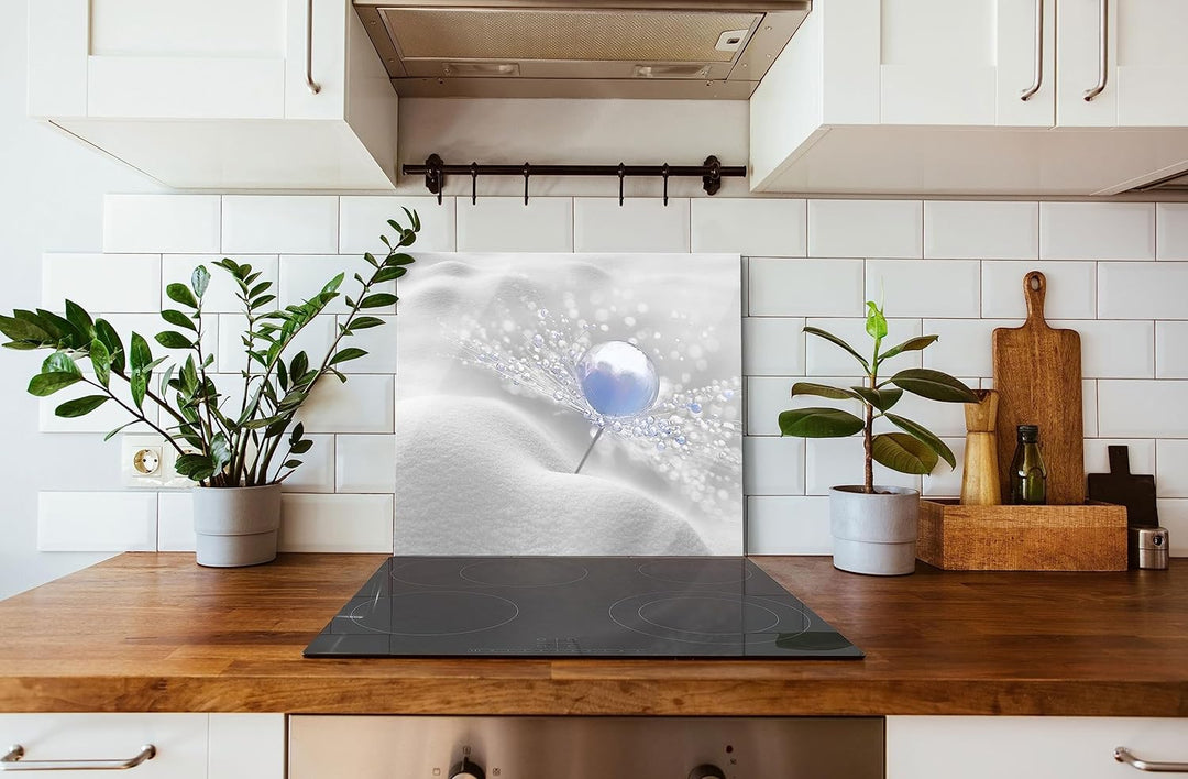 Tautropfen Pusteblume Herdabdeckplatte & Spritzschutz aus Echtglas | Für Herd-Kochfelder | 60x52 cm