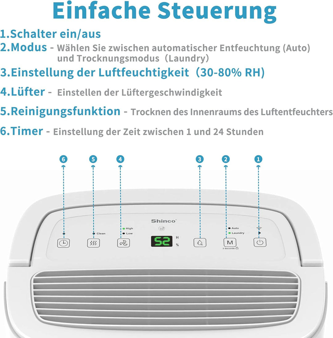 SHINCO Elektrische Luftentfeuchter, 30L/24h, Wifi, Energieeinsparung, Automatischer Neustart, Wäsche