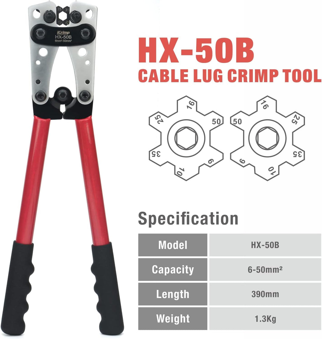 iCrimp Batteriekabelschuh Crimpzange, Kabelschuhzange für robuste Kupferschuhe und Flachstecker, Erd
